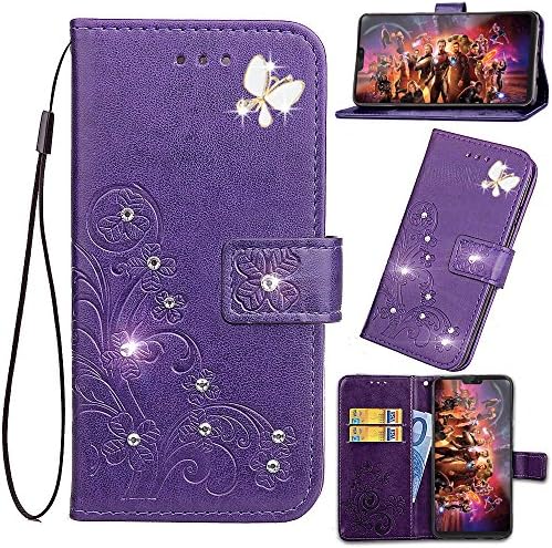 LG G7 ThinQ Wallet Case with Screen Protector,LG G7 PU leather Protective Case 3D Glitter Sparkle Emboss Floral Lucky Flower Folio Magnetic Card Holder Kickstand Flip Case for LG G7 ThinQ Bling/Purple
