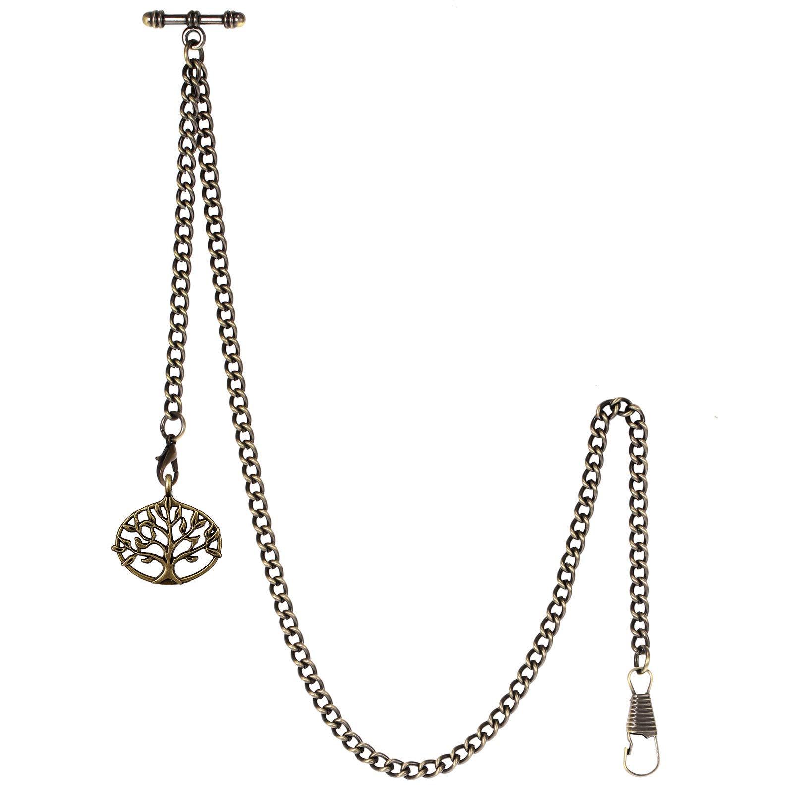 TREEWETO Men's Albert Chain Pocket Watch Curb Link Key Chain 2 Hooks with Antique Life Tree Pendant Design Charm Fob T Bar Bronze