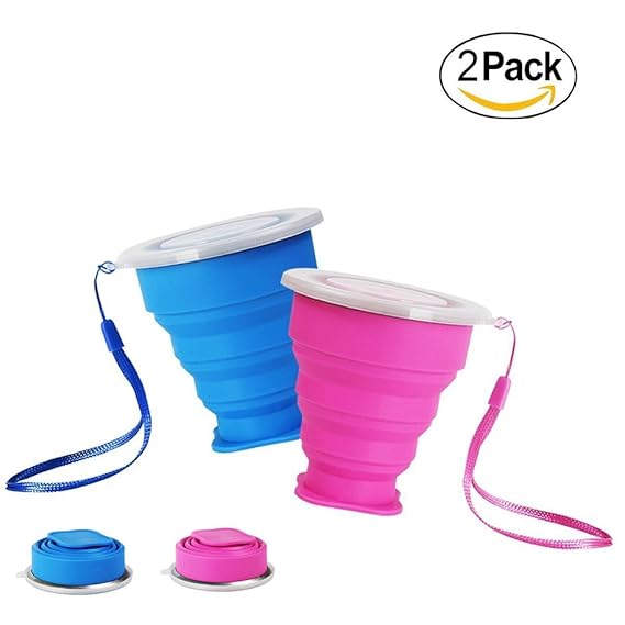 LLQ Silikon-Tasse, Klappbecher mit Deckel, Faltbare Tragbare Silikonbecher für Unterwegs, Camping, 2 Stück