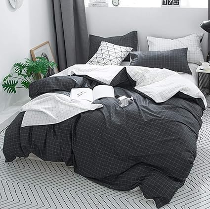 Karever Boys Black And White Plaid Bedding Set Twin Size Small Grid Reversible Kid Boys Girls Cotton Zipper Closure 3 Pcs 1 Duvet Cover 2 Envelope