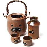 Traditional Japanese Pottery Sake Set - Exquisite Mino Ware Ceramic 4-Piece Tanuki Raccoon Set With Warmer, Bottle and Cups