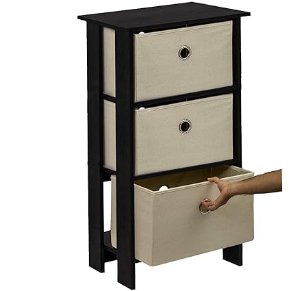 Klaxon Protea Wooden Table Storage Cabinet with 3 Fabric Drawer Chest - Black & Cream