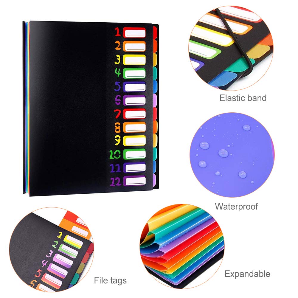 Expanding File Organizer 12 Pockets, Accordion File folders A4 Letter Size Hold 120 Sheets, Rainbow Expanding Project Sorter with Elastic Cord Closure Label Paper for Office School Home