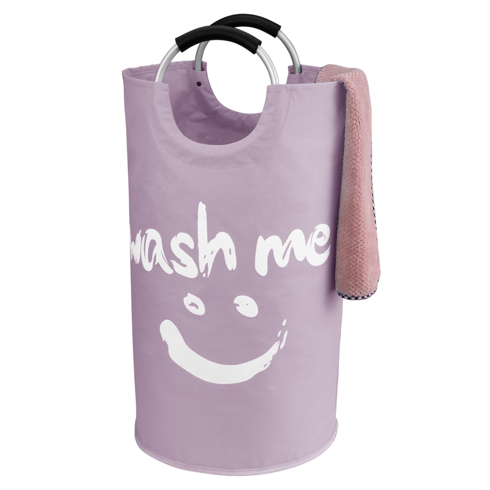IHOMAGIC Laundry Hamper with Smiley 95L, Foldable Laundry Basket with Soft Carrying Handle, Oxford Fabric Organiser Bin for Storage Clothes Toys, Portable Basket for Bedroom Living room - Purple