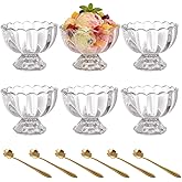 JBESUHI 6PCs 5oz Footed Tulip Glass Dessert Bowls with Spoons (Clear) - Small Cute Cups for Sundae, Ice Cream, Fruit, Salad, Snack, Cocktail, Trifle & Christmas Holiday Party
