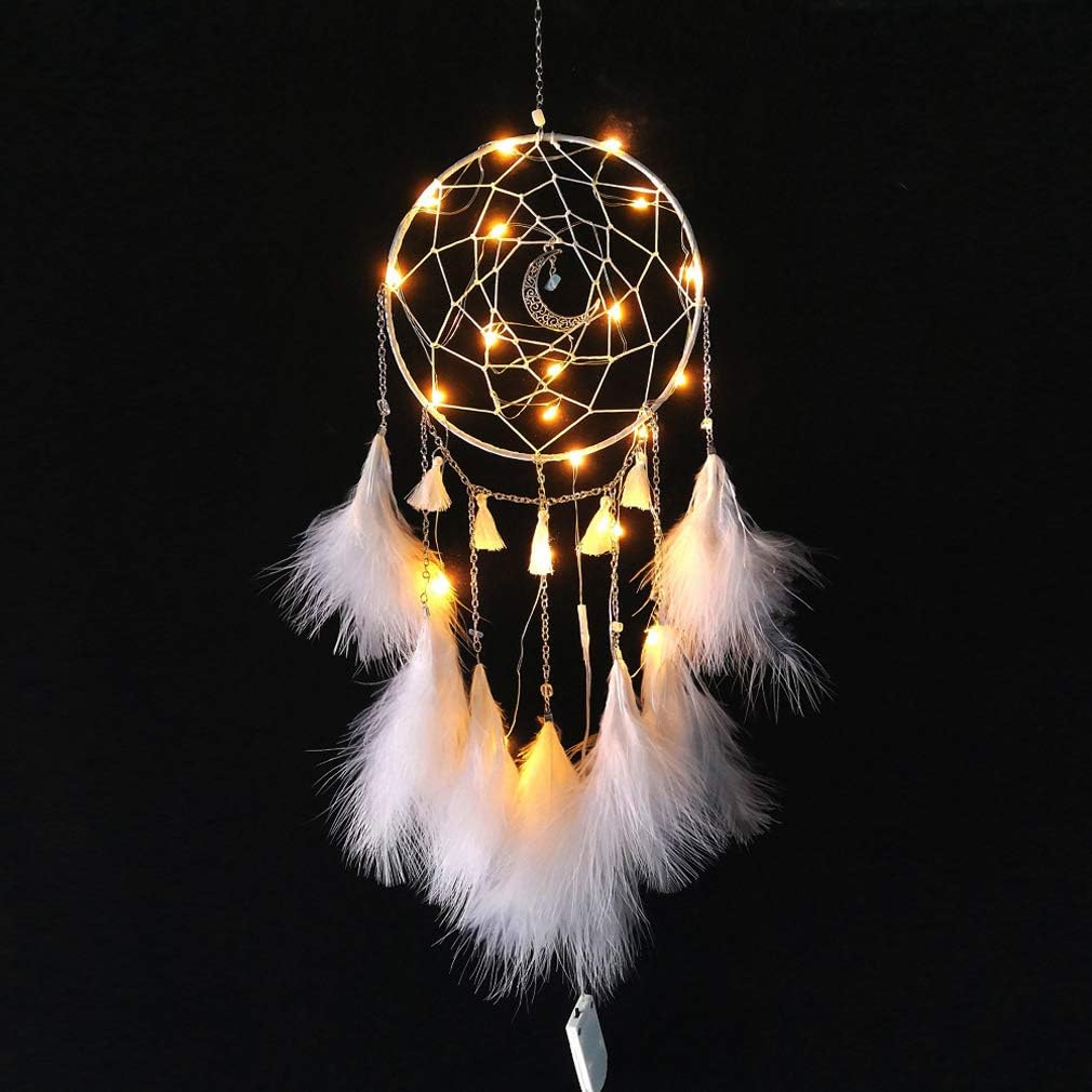 XiaoMtou Light Dream Catcher for Bedroom White Feather Dream Catchers Handmade Decorative LED Wall Hanging Ornaments (White Feather)