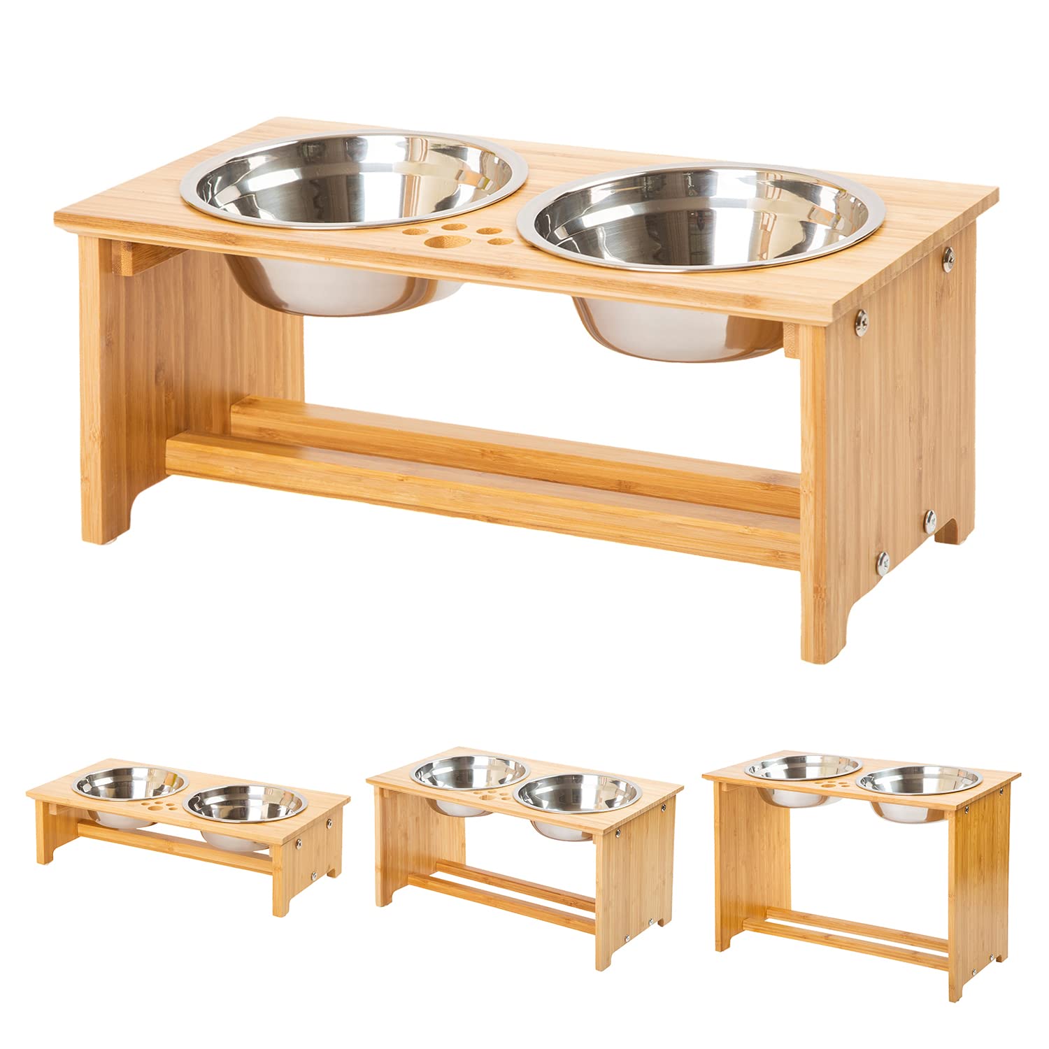 FOREYY Raised Dog Bowls for Cats and Dogs - Bamboo Elevated Dog Cat Food and Water Bowls Stands Feeder Dishes with 2 Stainless Steel Bowls and Anti Slip Feet (Medium - 18 cm high)