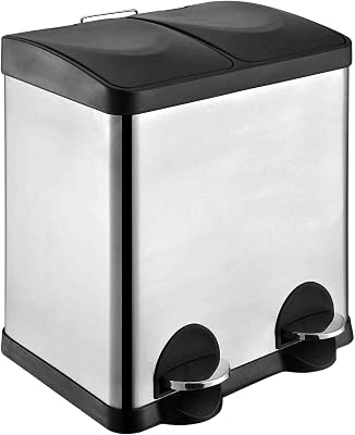 - Cubo de Reciclaje Doble con Pedales Mod. RECIK2-30 Litros: 2 Compartimentos de 15 L - 48 x 32 x 40 cm - Acero Inoxidable - Plateado - Cubo de Basura Antihuellas para Cocina - Diseño Moderno