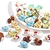 14Pcs Cute Ceramic Animal Beads, Sheep Tiger Dragon Rooster Ox Horse Dinosaur Shaped Spacer Beads Handmade Porcelain Painted Perforated Bead for Jewelry Making DIY Handmade Bracelet