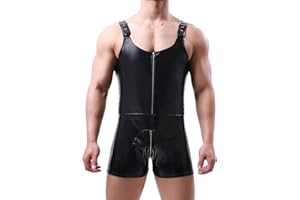 QiaTi Mens Latex Bodysuit Full Body Leotard Long Sleeves Unitard Faux Leather Bodysuit