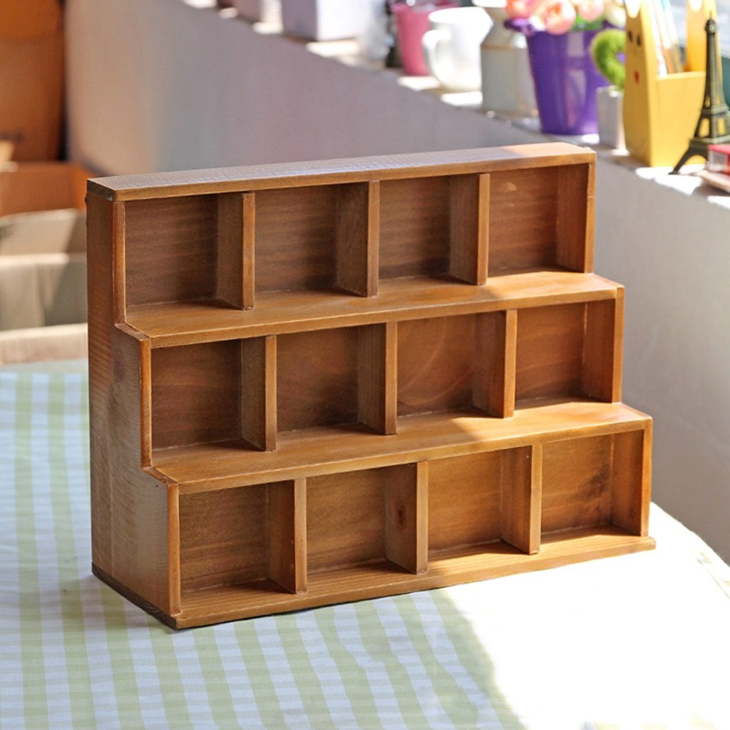 Shelf Rack Solid Wood Storage Box, Do The Old Creative Woody Home Desktop Living Room Storage Cabinets Ladder 12 Lattice Display Cabinet Debris 38cm*13cm*27.5cm (Color : A)
