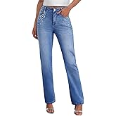 Sidefeel Women's Straight Leg Jeans High Waisted Stretchy Rhinestone Wide Leg Denim Pants