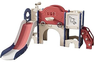 UNICOO Kids Slide with Climber, Basketball Hoop, Tunnel, Ring Toss Game and Storage Space, Kids Playground, Slide Playset for Toddlers (Blue & Red)