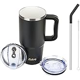 Zukro 24 oz Ceramic Lined Tumbler with Handle and Straw, No Metal Taste, Insulated Stainless Steel Coffee Mug with Spill Proof Lids for Home/Office, No Sweat, Keep Drinks Hot or Cold, Black
