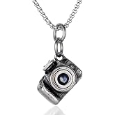 BIYONGDE Vintage Stainless Steel Camera Pendant (No Filming Function) Necklace with I Love U Image, 24 inches Chain, Mens Womens, Unique Gift for Photographer