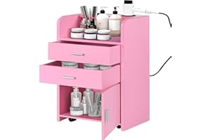 4ever2buy Pink Salon Station, Rolling Beauty Station for Hair Stylist, Hair Salon Station Storage Cabinet with Wheels, Salon Table with 2 Drawers, Stylist Storage Cabinet with 2 Hair Dryer Holders
