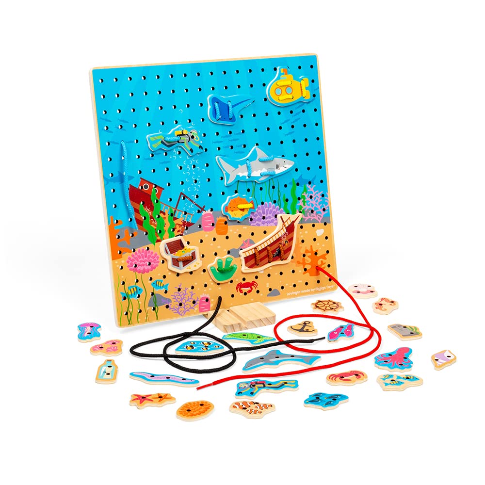 Bigjigs Toys Marine Lace-a-Shape Game - 30 Geometric Shape Lacing Cards & 6 Laces, Fine Motor Skills Toys, Threading Toys for 2+ Year Olds, Ideal Early Learning & Threading Toddler Toy