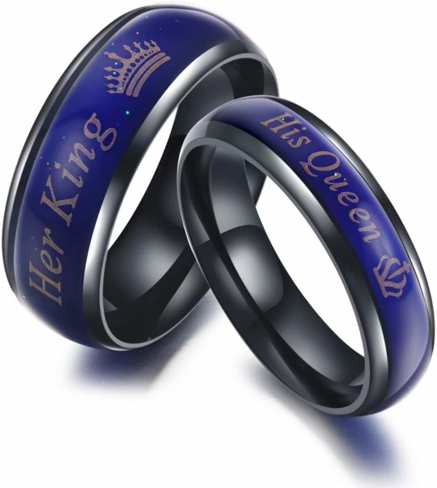 KaiYuFa Amazing Her King His Queen Titanium Stainless Steel Moods Color-Changing Engagement Wedding Band Anniversary Couple Promise Ring Gifts Men Size 9 US