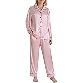 Latuza Women's Petite Satin Pajama Set Petite Size Long Sleeve Button Up Pajamas