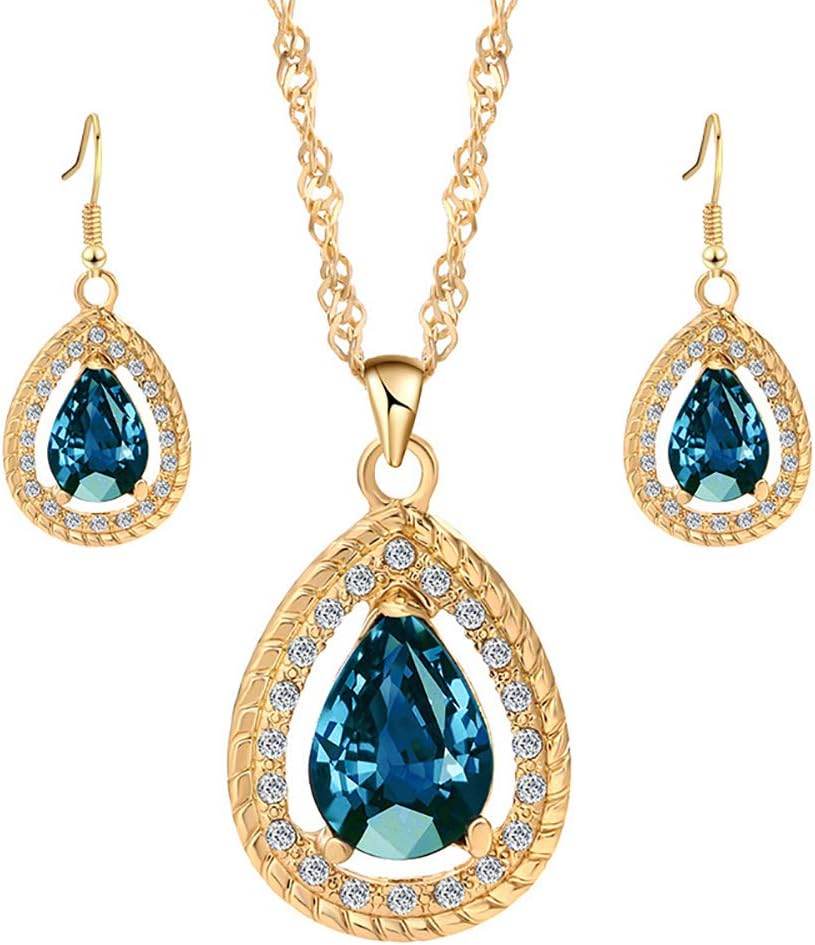WuWxiuzhzhuo Sale Women Girl 3Pcs/Set Jewelry Faux Gemstone Inlaid Waterdrop Pendant Necklace Earrings Blue