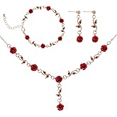 MBAIYO Red Rose Jewelry Set, 3Pcs Red Flower Necklaces for Women Rose Necklace Dangle Bracelet Set Vintage Earrings Pendant Amulet chain for Women's Wedding Prom Valentine Birthday Party