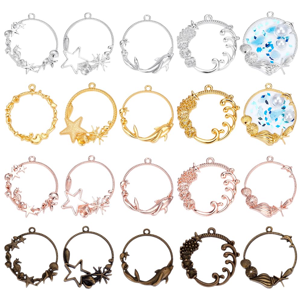OLYCRAFT 20pcs Ocean Theme Open Back Bezel Pendants 4-Color Open Bezel Charms Alloy Frame Pendants Hollow Resin Frames with Loop for Resin Jewelry Making - 5 Style