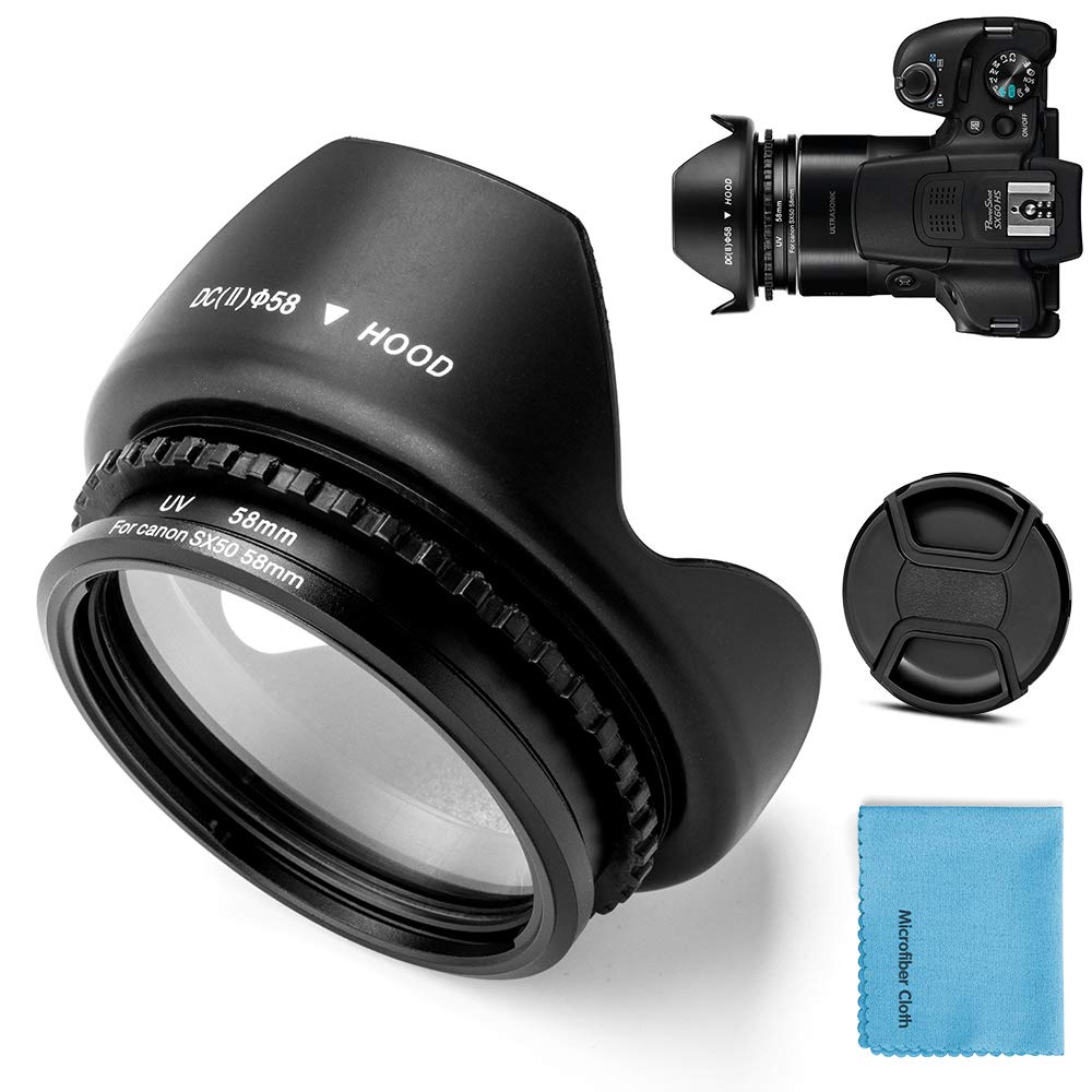 Fotover 58mm Metal Filter Adapter Ring with UV Filter for Canon PowerShot SX30 IS/SX40 HS/SX50 HS Digital Camera replacement Canon FA-DC67A filter adapter +Tulip Flower Lens Hood