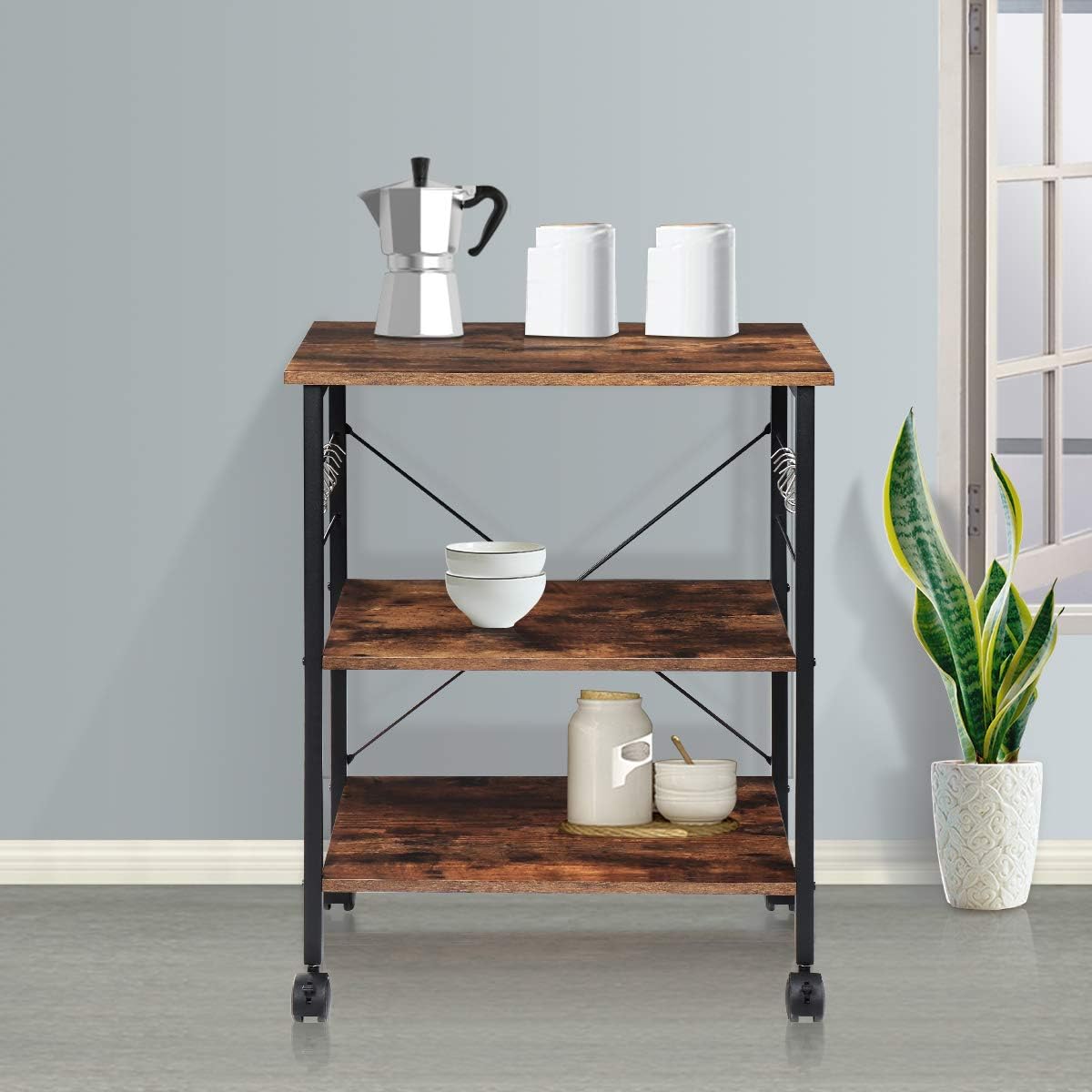 KINGSO Kitchen Microwave Cart 3-Tier Kitchen Utility Cart Coffee Cart Station Shelf Organizer Kitchen Cart on Wheels Vintage Rolling Bakers Rack with 10 Hooks for Living Room Decoration - Standing Baker's Racks