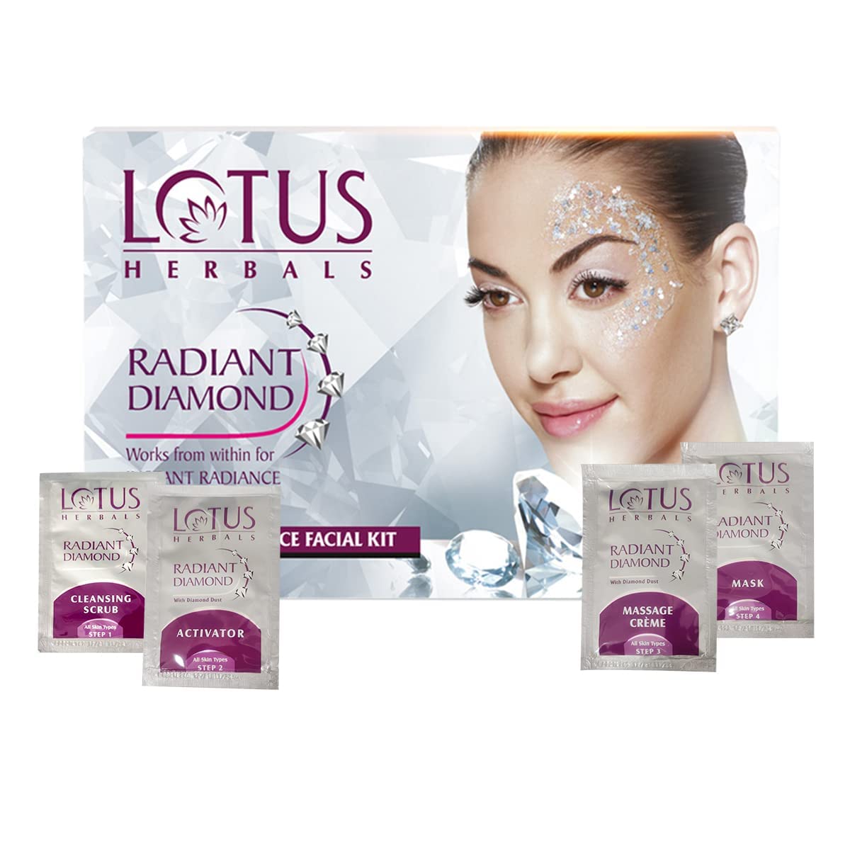 Lotus Herbals Radiant Diamond Facial Kit For Instant Radiance With Diamond Dust & Cinnamon, 4 Easy Steps, 37g (Single Use)
