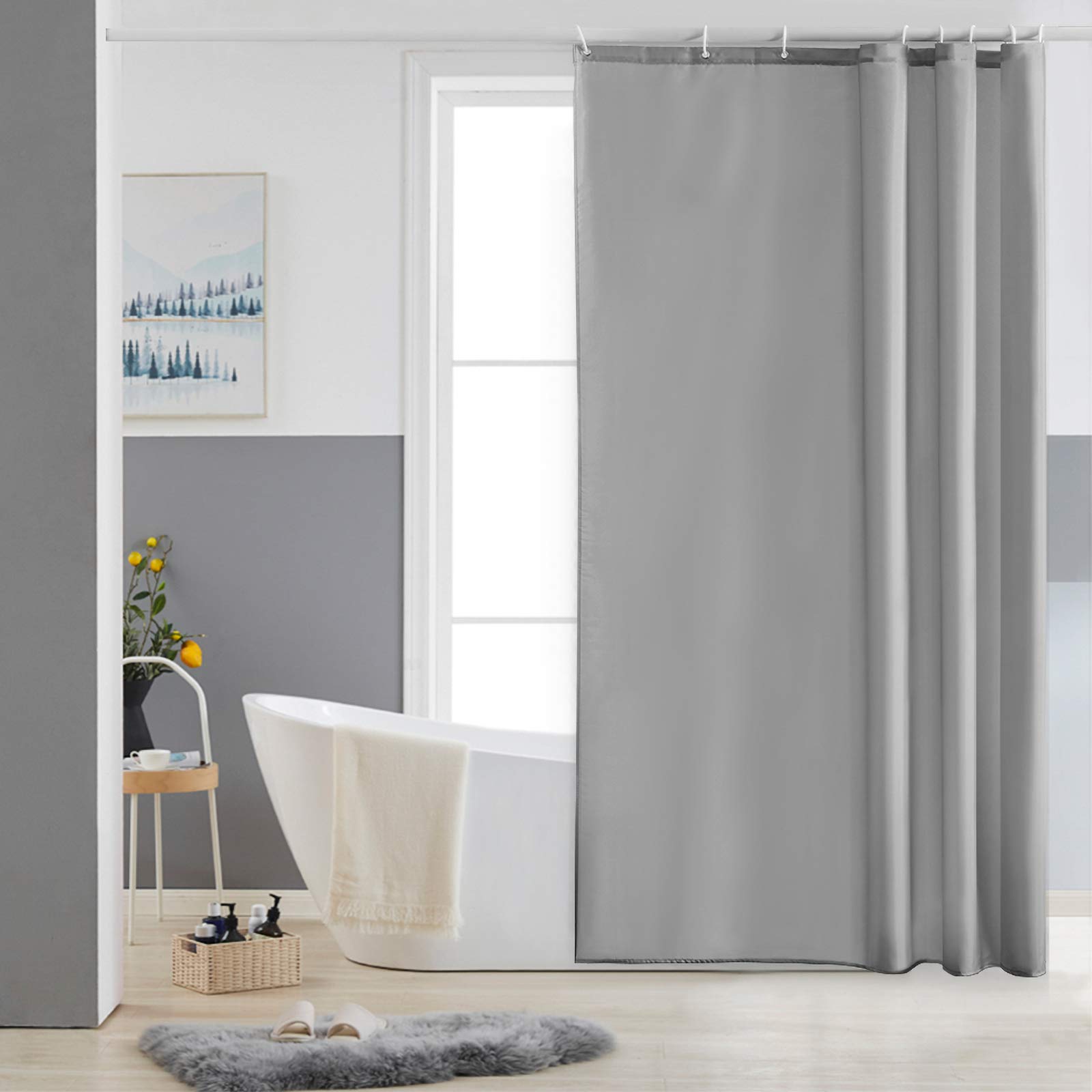 Furlinic Grey Shower Curtain Mould Proof Resistant Waterproof Washable Polyester Fabric Bath Curtains with Weight Tape 8 Hooks for Wetroom 47x72 Inch 120x180cm.