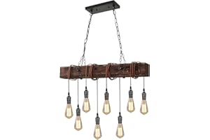 AOLALA Dining Room Light Fixture, Farmhouse Pendant Lights Kitchen Island Rustic 8 Lights Wood and Black Metal Rectangular Chandelier Ceiling Hanging Lighting
