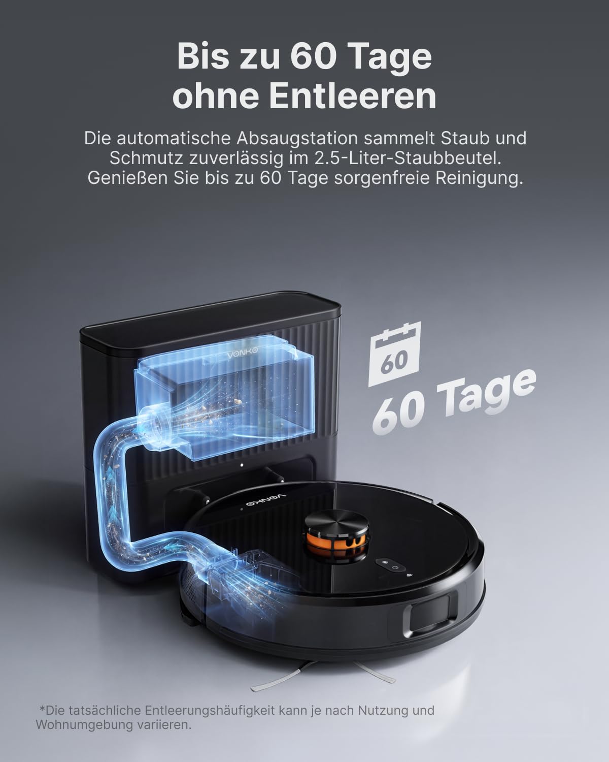 VONKO S6 Pro Saugroboter mit Wischfunktion und Absaugstation, 8000Pa Saugkraft,LiDAR 2.0 Laser Navigation,180 Min.Laufzeit,Teppicherkennung,App/Alexa,Ideal für Tierhaare, Hartböden,Schwarz 4