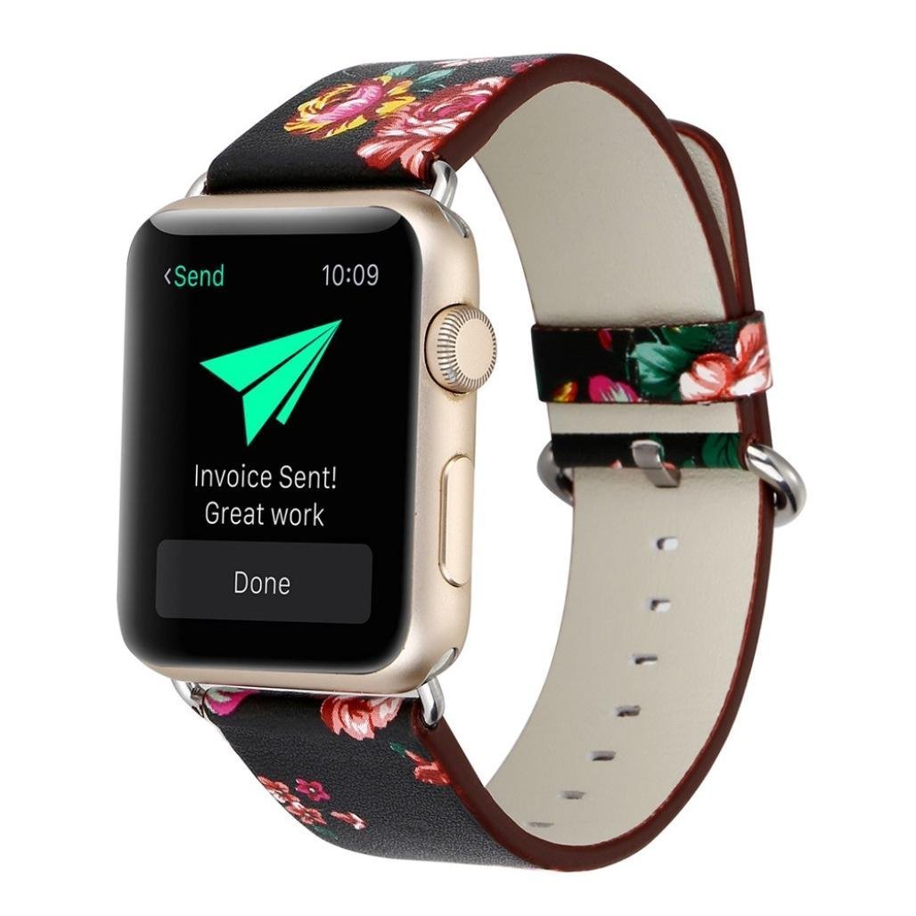 YOSWAN Bracelet for Apple Watch, National Black White Floral Printed Leather Watch Band 38mm 42mm Strap for Apple Watch Flower Design Wrist Watch Bracelet (Black+ Red Flower, 42mm)