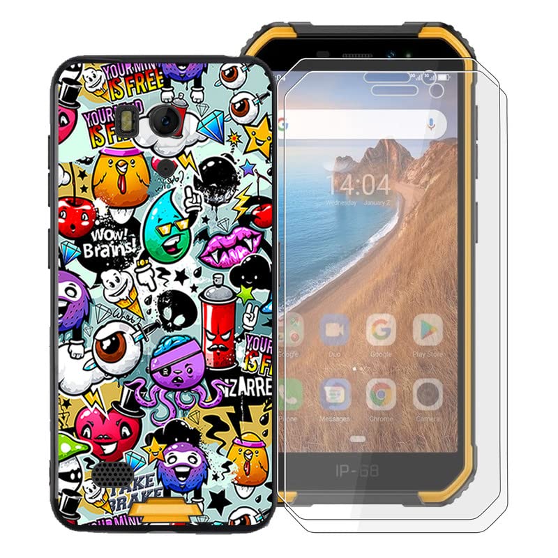 KJYF For Ulefone Armor X6 Pro Case and Screen Protector, Black Soft TPU Shockproof Cover + [2 PACK] HD Tempered Glass Protective Film For Ulefone Armor X6 Pro (5.0") - XS40