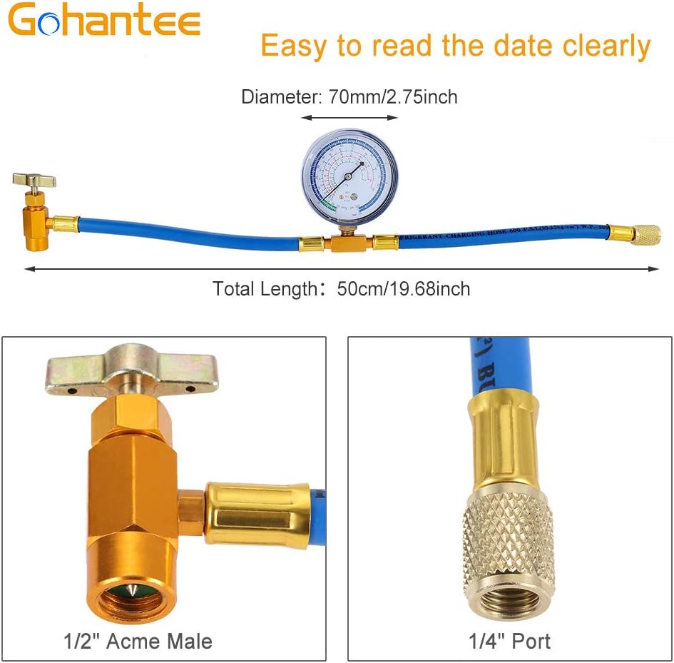 gohantee R134a Charging Hose Kit, Refrigerant Recharge Hose with Gauge 2.75“, R134a Can Tap and Quick Couple - Image 3