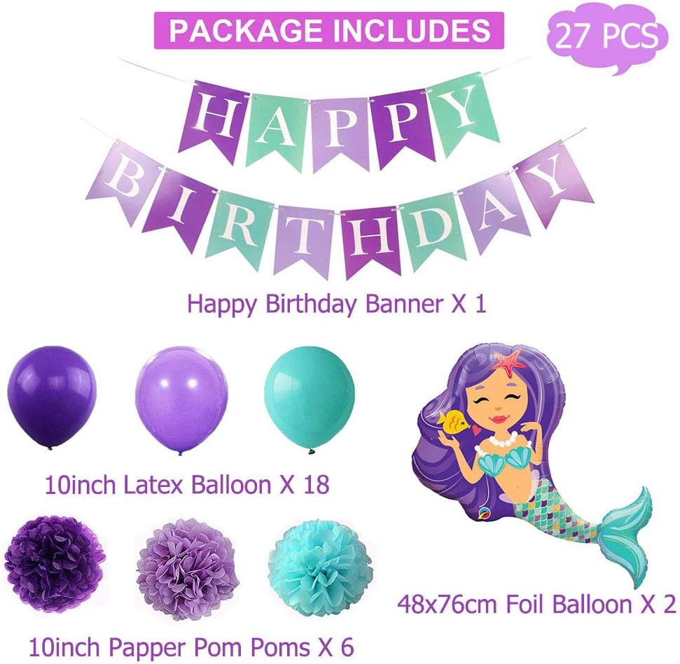 Ballons En Latex Pour Decorations De Fete De Fete De Naissance Ballon De Sirene Geante Banniere Joyeux Anniversaire Sirene 27pcs Fournitures De Fete Danniversaire De Sirene Pompons En Papier Decorations Et Accessoires
