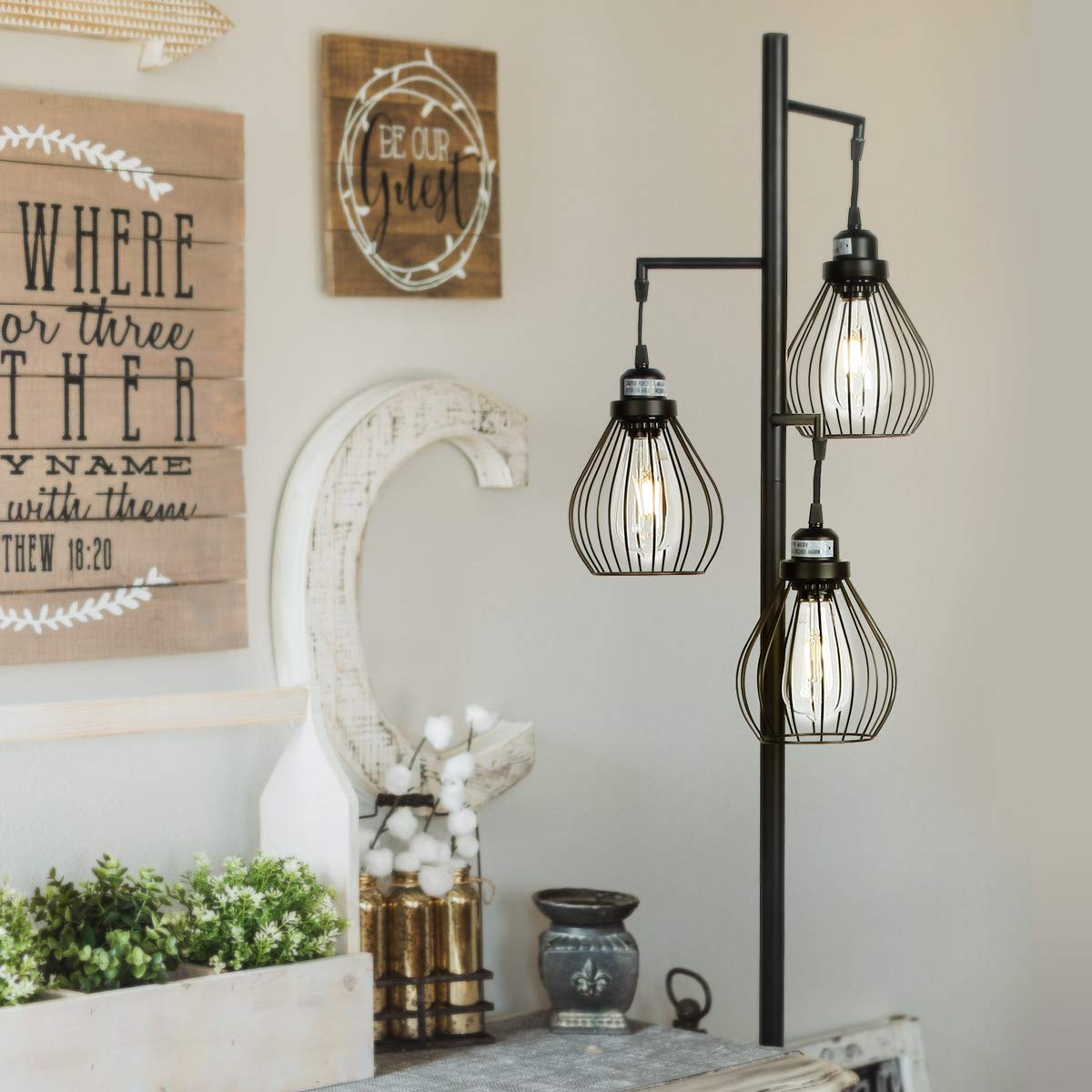 Brightech Teardrop LED Floor Lamp – Tree Standing Lamp with 3 Elegant Cage Heads & Edison Bulbs – Standing Lamp for Living Rooms & Offices – Tall Standing Lamp Ideal for Bedroom Reading – Black
