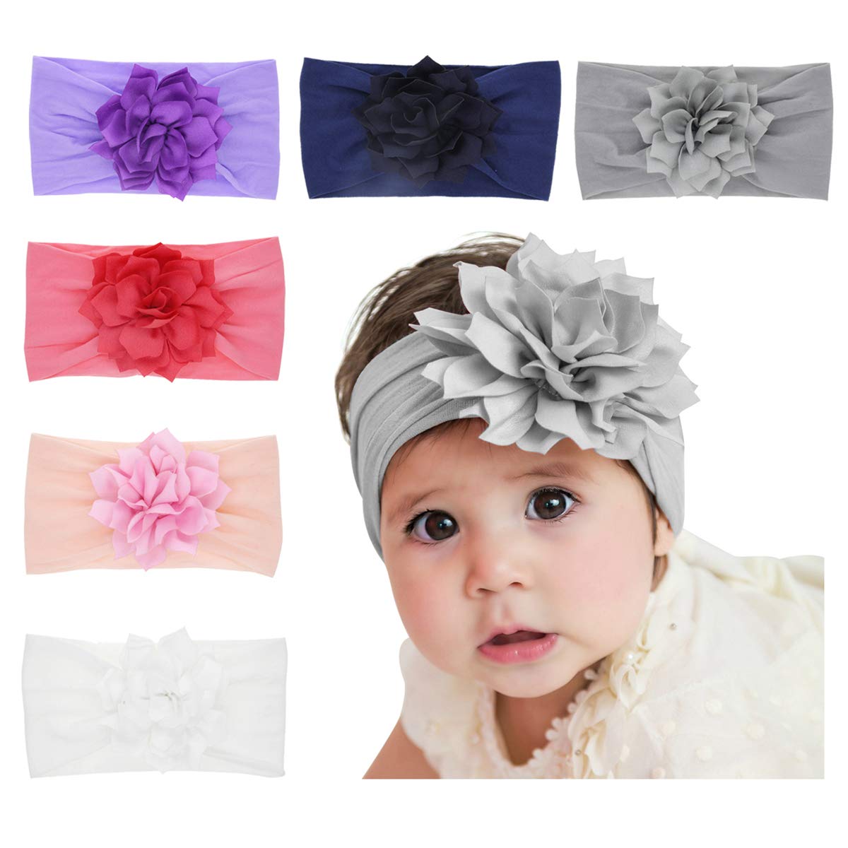 SKEPO Baby Girl Headbands Set,6PCS Cute Flower Bow Knotted Hairwraps Newborn Infant Toddler Hairbands Soft Nylon Turban Knot(Lotus)