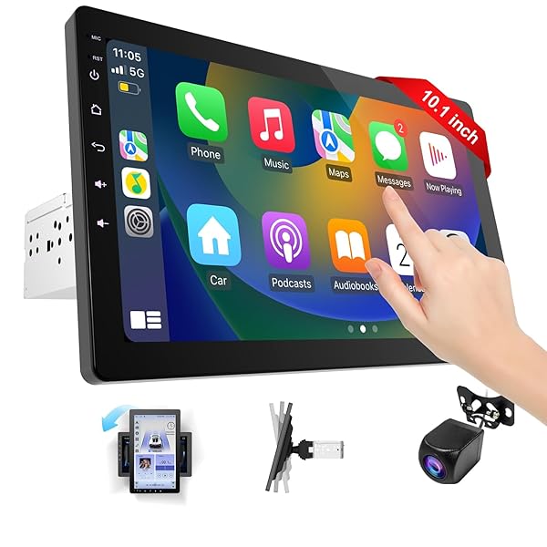 10.1 INCH ROTATABLE CARPLAY SCREEN FOR CAR AND ANDROID AUTO,SINGLE DIN CAR STEREO WITH 720P BACKUP CAMERA,TOUCH SCREEN GPS NAVIGATION,BLUETOOTH,VOICE CONTROL