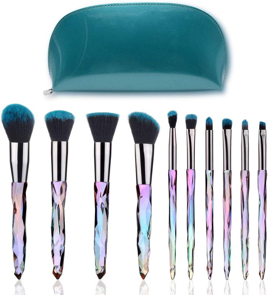Makeup Brushes Set, 10 in 1 Cosmetic Professional Make Up Synthetic Fiber Bristles Brushes Kits for Foundation Blending Blush Concealer Eye Shadow with Travel Pouch Bag(Green)