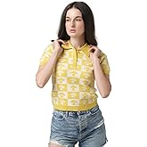 Novelle Fashion Womens Short Sleeve Sweater in Yellow with Large Size | Short Sleeve Sweater for Women in Checkerboard Pattern | Womens Knit Tops Sweater Polo Women with Front Button Placket