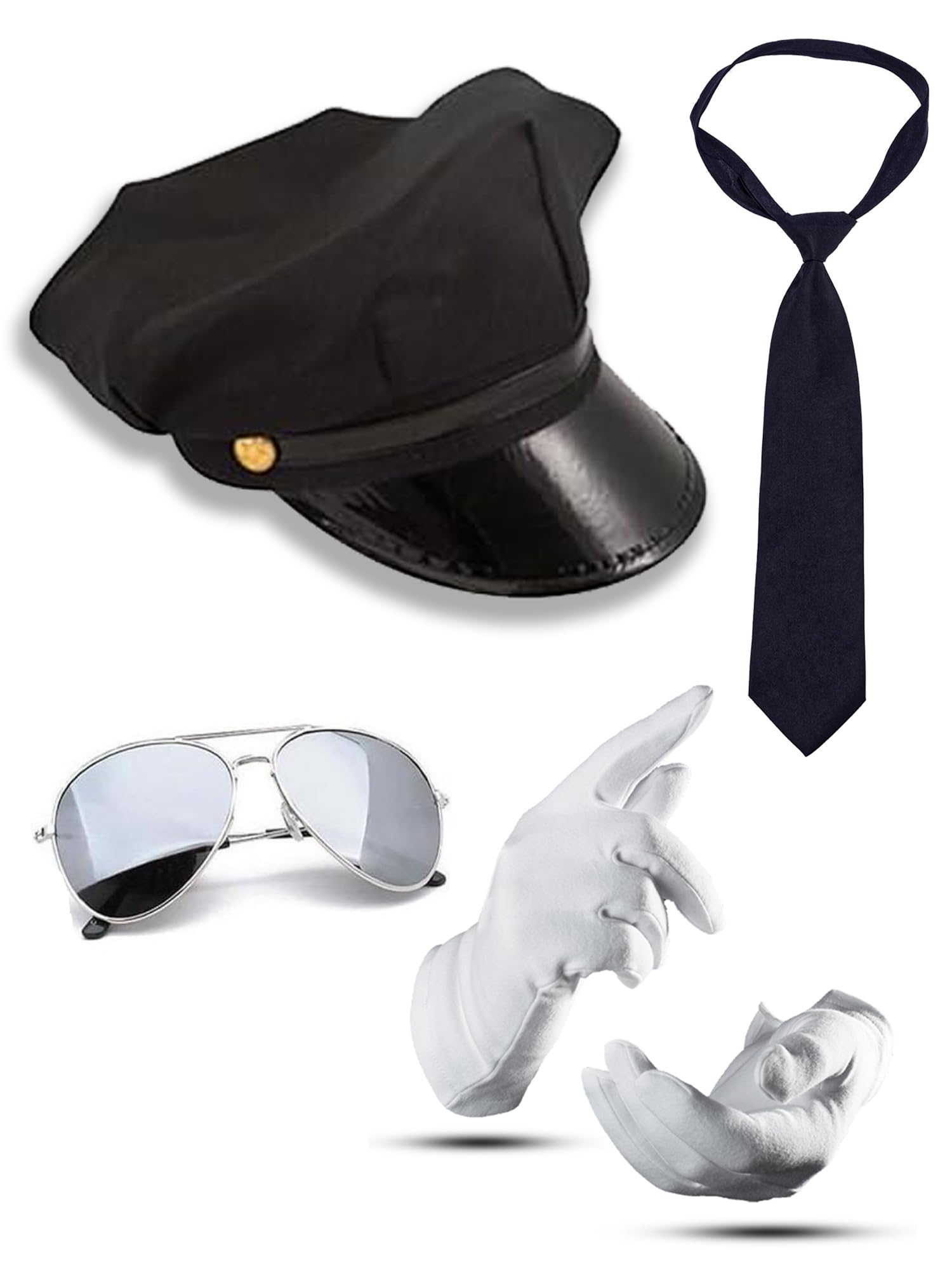 Mega_Jumble Chauffeur Cap Limo Taxi Driver Theme Hat White Gloves Aviators Tie Kit Fancy dress