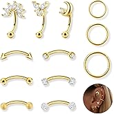 Ubjuliwa 12pcs 16G Rook Piercing Jewelry Eyebrow Rings Stainless Steel Belly Lip Ring Cartilage Hoop Rook Daith Earrings Tragus CZ Body Piercing Curved Barbell
