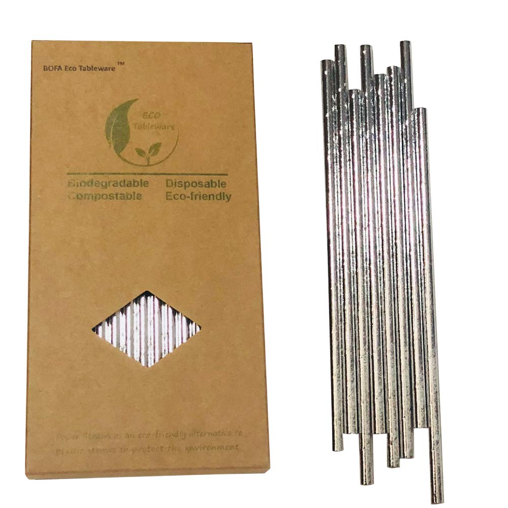 Biodegradable Silver Paper Straws, 7.75 inch Silver Foil Metallic Paper Drinking Straws Bluk (100 Pack)