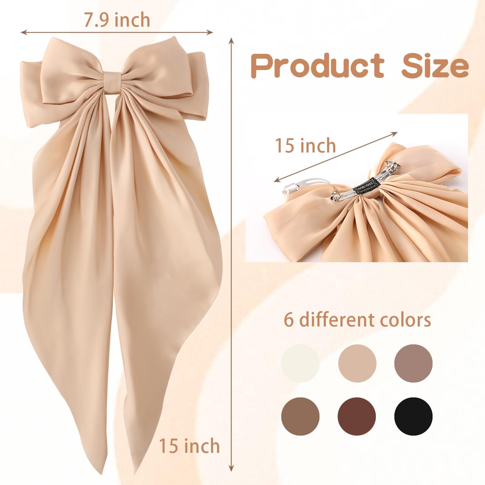 6 PCS Hair Bows for Women, Big Bow Hair Clips for Girls, Silky Satin Hair Bows Clips Oversized Long Tail, Large Hair Barrettes Cute Aesthetic Hair Accessories, Metal Bow Hair Clips Neutral Color - Image 3