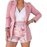 CHICME Womens 2 Piece Blazer Set Open Front Blazer Coat with Floral Print Shorts Summer Suits Set With Belt