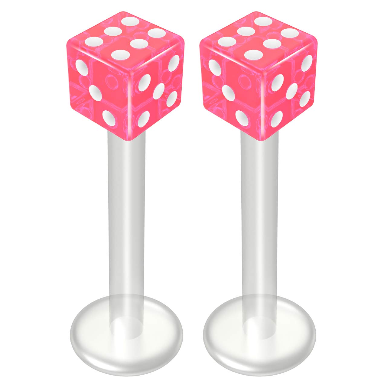 2pc Pink Labret Bar 14g 1.6mm Studs Flexible Bioplast Clear Plastic Bioflex Monroe Dice Piercing Jewellery 12mm
