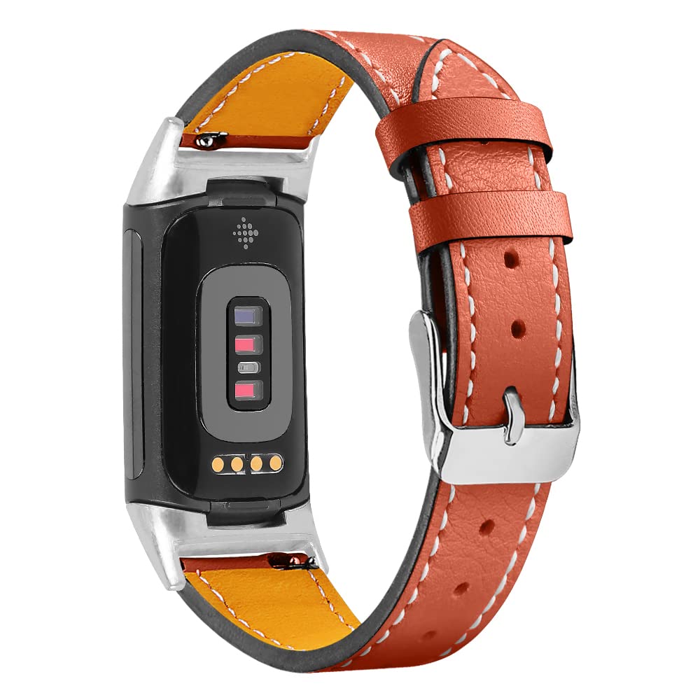 AISPORTS Leather Strap Compatible with Fitbit Charge 6/5 Strap for Women Men, Soft Breathable Leather Sport Wristband Metal Buckle Clasp Bracelet Replacement Band for Fitbit Charge 6/5