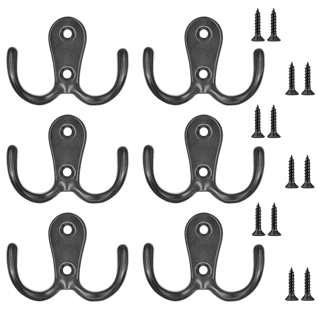 LICQIC Double Prong Robe Hooks, Dual Coat Door Hooks, Double Hook for Hanging Robe, Towel, Coat, Bag, Hat (Black, 6 Pcs)