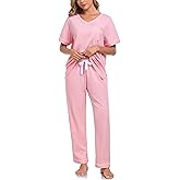 CF Women's 100% Cotton Pajama Sets Soft Short Sleeve Tops & Pants Comfy Sleepwear 2 Piece Lounge set with Pockets Loungewear
